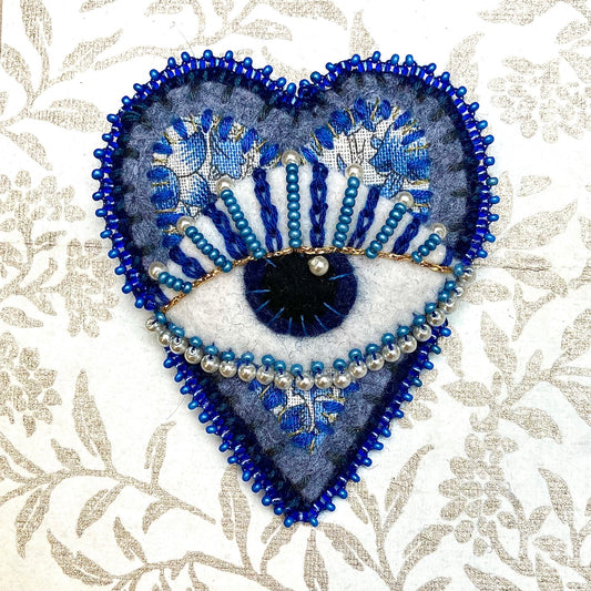 Eye & Heart Brooch - Blue & White
