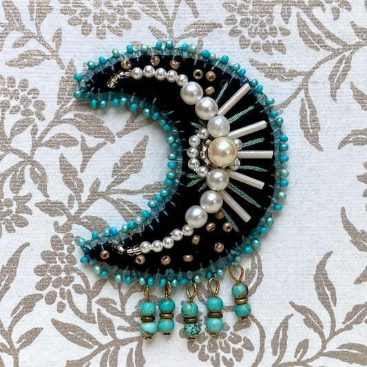 Moon Brooch - Black & Turquoise