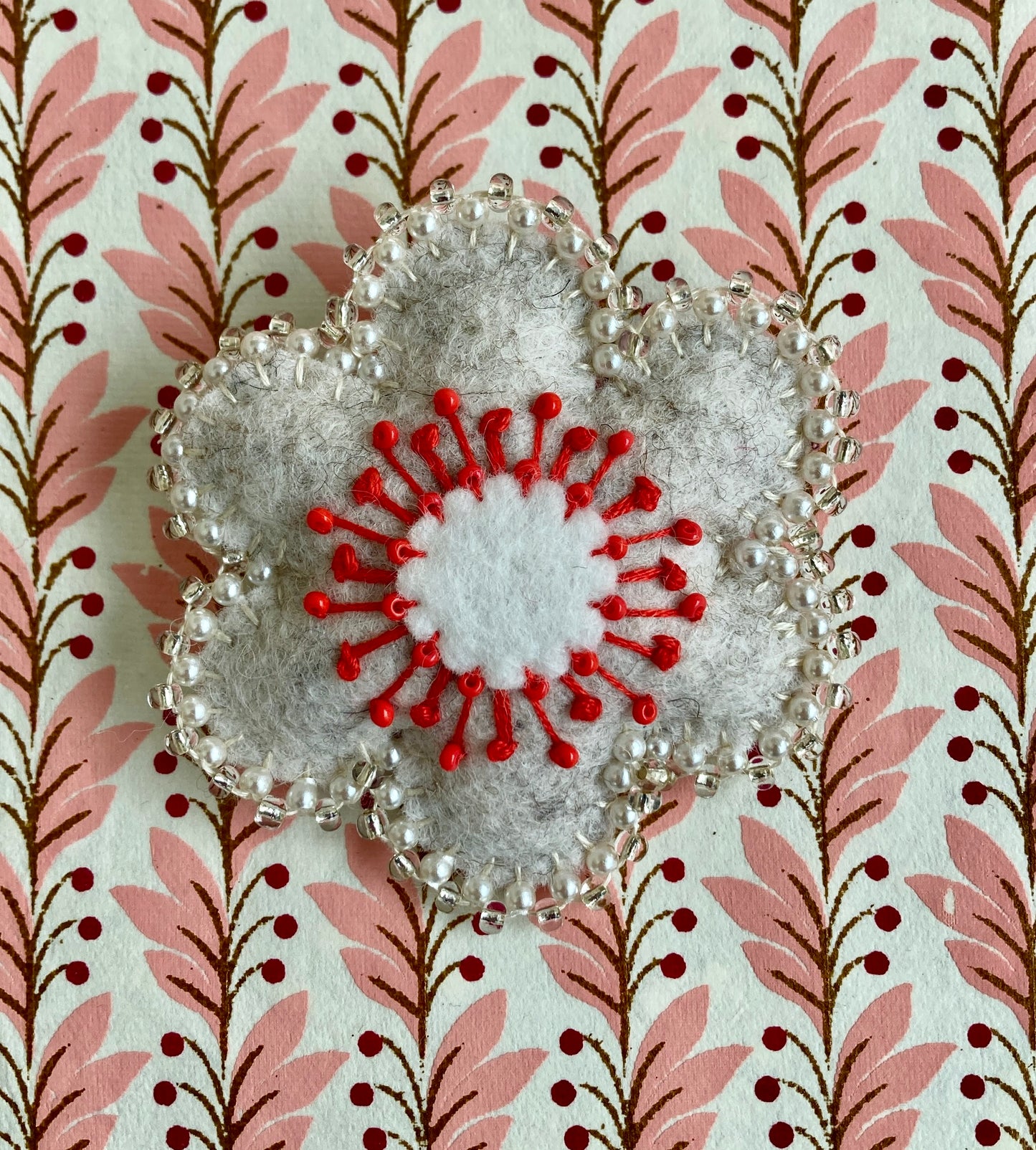 Flower Brooch - Ivory & Red